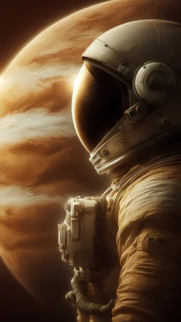 Un astronauta con el casco negro muy bien polarizado donde se refleja el fondo, cuerpo completo.