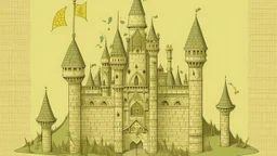 A pale greenish yellow castle with bows and arrows designed in ancient Egyptian hieroglyphics painted by Lucas van Leyden
