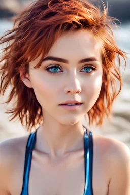 cute girl, short messy red hair, swimsuit, beach, 16 year old, blue eyes, beautiful, soaked