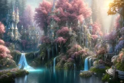 a fairy tale style, white gold castle，waterfall, flowering trees, full of details, matte painting, concept art, smooth, bright sunshine，soft light atmosphere, blender unreal engine，light effect，rtx on，vaporwave colorful, artstation, concept art, smooth, extremely sharp detail, finely tuned detail, ultra high definition, 8 k, unreal engine 5, ultra sharp focus, illustration, magic ambient, asiatic