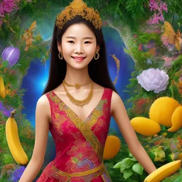 [s_346647903]-[gs_7]-[is_30]-bust of chinese girl hobbit, smiling, happy, symmetrical eyes, soft light, durian, bananas, insects, lamp, soft light, RTX, style Léon Frédéric