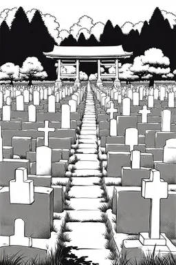 landscape, Japanese open air flat cemetery with thousand gravestones, high detail, manga style, grayscale