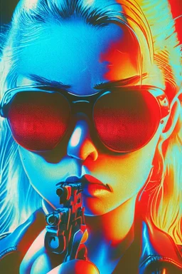 Photo of a beautiful blonde female Terminator, with dark sun glasses, bright red eye, holding a gun upwards, up close, Hollywood movie poster vibes, blue light night time, high contrast dark moody lighting.