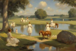 day, rocks, lagoon, sci-fi movies influence, cosmic and trascendent influence, bernard van beek and alfred munnings impressionism paintings