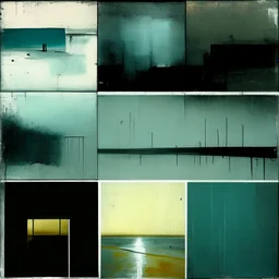 Minimal abstract oil paintings of a desolate concrete 1960s carpark. Road with distant Blurry lights. On the floor are concrete fragments and road markings . In the dark mysterious style of Justin Mortimer and Francis Bacon.