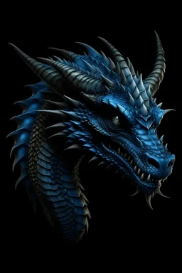 Blue color unrealistic dragon head art, childish, not detailed, cute, black background,