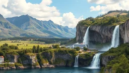 a picturesque natural landscape that includes majestic mountains and a serene countryside. Additionally, incorporate details about a stunning, large waterfall that enhances the beauty of the scene. The output should be structured as a narrative, painting a clear image with rich, descriptive language that evokes the sights and sounds of this beautiful environment water fall falls to a big sea with modern shipe in it.16 by 9