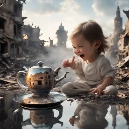 A teapot is shining and a laughing child is looking at it. The child’s image is reflected inside the teapot and behind the child is the reflection of a destroyed city.