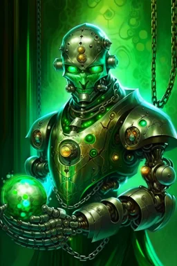 book illustration, oil painting portrait of metallic green faced slightly knightly smirking robot vampire holding magical ball in chain, bokeh , high detail, smooth render, prize winning