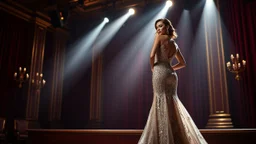 Glamorous woman in elegant evening gown posing on luxury stage under spotlight, cinematic lighting, photorealistic, fashion magazine styletion, Vogue editorial aesthetic.