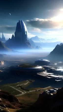 sci fi planet, mass effect city, mountains, tundra