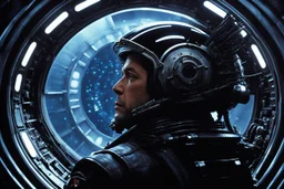 [movie shot by H.R. Giger in Verve colour palette] Cinematic side-profile of a pilot in a futuristic spaceship, slammed into his seat by extreme G-forces. Facial features strain under pressure. A round porthole beside him shows the dark void of space with faint star streaks. Cockpit illuminated by glowing panels and dramatic rim light, high-detail realism.