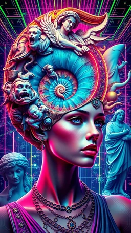 A surreal futuristic portrait of a woman with a spiral nautilus shell as her headpiece, blending vivid psychedelic colors and intricate patterns. Classical Greek and Roman sculptures surround her, emerging from the spiral like gods of mythology, Neuve,surreal vibe, abstrack geometri, absurd, multi eksposurBackground features a neon cyberpunk grid and abstract digital elements. Highly detailed, vibrant, dreamlike, sci-fi-meets-classical aesthetic, ultra HD, cinematic lighting.