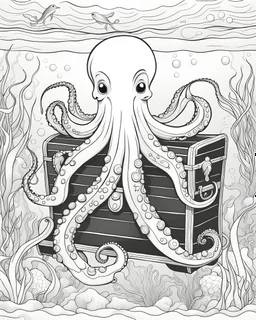 Adult coloring book page, octopus on the treasure chest under the sea, seabed, cartoon style, black and white, thicks lines, no color, white background, only strokes, high details, very intricate