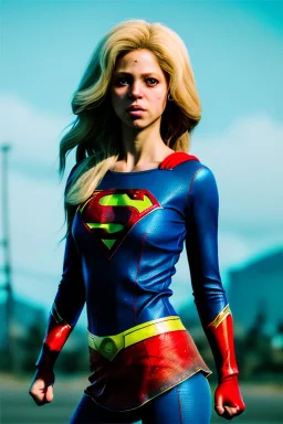 portrait, sweet Shakira, make-up, angry, Realistic image, retro pop, 60s, supergirl, lycra, tights, minimal, blood, sweat, Color background, photo studio, concept art, smooth, unreal engine 5, god lights, ray tracing, RTX, lumen lighting, ultra detail, volumetric lighting, 3d, finely drawn, high definition, 4k.