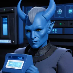 [the tricorder is plugged with a cable on the console] The Andorian communication officer delicately plugged the tricorder into the console, the soft blue light casting a gentle glow over their indigo skin. The device hummed to life, displaying intricate data streams and complex readings on the viewscreen.
