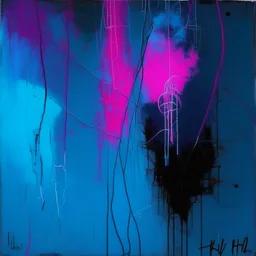 Minimal abstract oil painting of bright blue and pink with random words. hanging wires illuminated at night. In the style of Justin Mortimer and Phil Hale and Ashley Wood