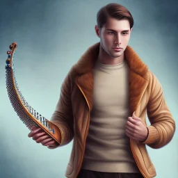 man playing harp, brown hair, sweater