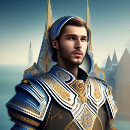 A handsome npc standing in front of a church, futuristic design, a paradise in background, close-up face, geometric armor, female face