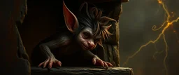 A hairy, sleek gremlin elf, Behind the glowing midnight shelf. Hair like a storm, dancing free, Serving secrets silently. malt av Rembrandt