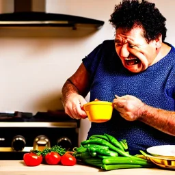 a mentally ill man with a few teeth, cooking at home