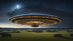 spectacular flying saucer with flashing lights and windows, landing near Stonehenge, night, dark sky, stars, moon, exquisite composition, beautiful detailed intricate detailed octane render, 8k artistic photography, photorealistic, perfect light, chiaroscuro, award-winning photograph, masterpiece