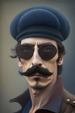 French man with tiny dark sunglasses and super skinny mustache wearing a beret