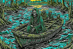 on the river Styx, in a special creepy boat, the boatman in the hood of Death, who takes the guilty people to the endless darkness, to hell on the boat, the crowd of crying, howling, begging dead, surreal style, dark colors, strange surreal nightmare landscape, high detail, sinister, surreal art, chillingly fascinating