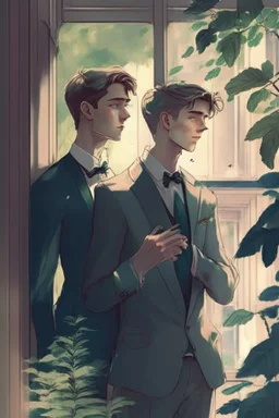 20 Year boy with pretty face he is gay and gentle. smoking behind window while looking outdoor trees. His in a full official suit. his boyfriend beside him. They are happy