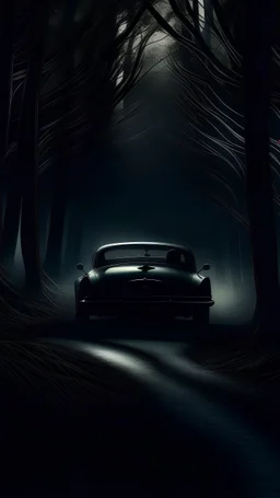 Dark Forest Drive: A couple in a car driving through a dense, dark forest with tall, shadowy trees. The headlights illuminate the eerie, twisted branches ahead, creating an ominous atmosphere.