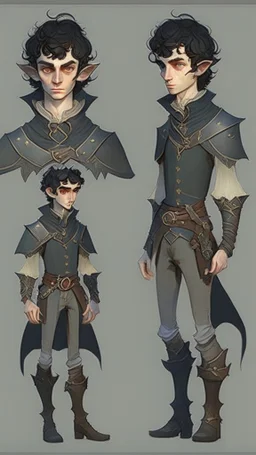 turnaround character of a young man elf, he has curly, black hair and sharp cheekbones. His eyes are black. pale skin. He wears fantasy medieval clothes. full body with boots