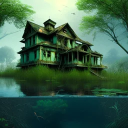 Abandoned house, overgrown, partially submerged,