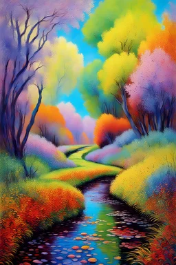 painting of a psychadelic colourful natural walkway in the future with pollution and a creek and grass by monet