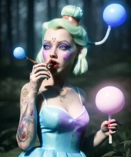 Ultra realistic wonderland photo, happy blonde Alice smoking a pipe, blue dress, white rabbit pet, circus dress style, old school tattoo, smoke, marijuana garden, glow eyes, perfect iris, little mushroom balloons, soft color, highly detailed, unreal engine 5, ray tracing, RTX, lumen lighting, ultra detail, volumetric lighting, high definition.