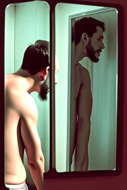 a man looking into a mirror and seeing a horrifying, abstract monstrous reflection