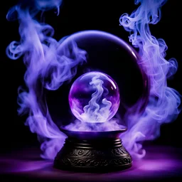 magical crystal ball, surrounded by smoke and sorcerous energy, purple lighting, black background