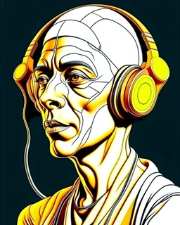 Illustrative sketch of Pharaoh Akhenaten in music with headphones, front view, ultra quality, hyper detailed, maximalist, 8k