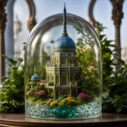 The miniatur islamic mosque in ball glass is an abstract concept that refers to a world made entirely of flowers or plants, often in a fantasy or mythical setting. The flower planet in this image appears to be a baroque world, with ornate spiral patterns and intricate designs.