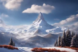 a snow-covered steep massiv mountain reaching into the clouds. On top of the mountain is a long needle thin tower. seen from the bottom of a valley. fantasy concept art, exquisite realism, a masterpiece, dynamic lighting, hyper detailed, intricately detailed, deep color, Unreal Engine, volumetric lighting , Epic cinematic brilliant stunning intricate meticulously detailed dramatic atmospheric maximal,