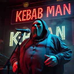 a very fat swedish man, with a mask with only a hole for the mouth, he is called "KEBAB MAN" performing at rock club, his name is "KEBAB MAN" kebab rolls On stage, kebab Neon lights and smog, and "KEBAB MAN" big sign on the wall, he singing with mic, text in swedish! no translate mr. stable ai, text in swedish! no translate mr. stable ai, text in swedish! no translate mr. stable ai