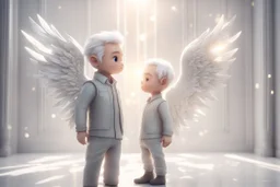 A silver-haired, balding chibi angel man stands in front of a sparkling white room wall, gazing eagerly at it in sunshine, ethereal, cinematic postprocessing, dof, bokeh Weight:1 detailed matte painting Weight:0.9