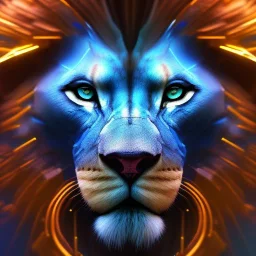 A beautiful portrait of a cyborg lion blue color scheme, high key lighting, volumetric light high details psychedelic background