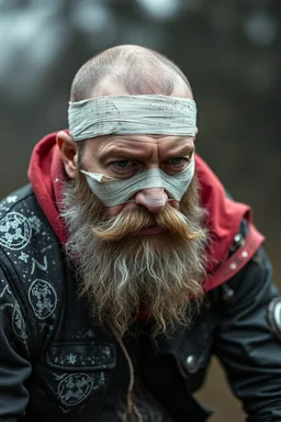 a very sad hurt swedish motorcycle gang man with beard, he is covered all the body with bandage and are in deep pain, bandage all over him, cripple