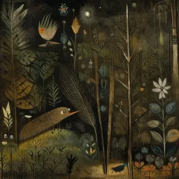 A brownish black murky rainforest at nighttime with birds and butterflies painted by Paul Klee
