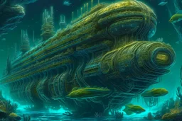 underwater in big ocean an ancient giant metal space ship lies down, fantasy, surreal, weirdart, cyberpunk, dark colors, extreme high illustration, textured hypermaximalism, dark water with sea plants, masterpiece, intricate details hyperdetailed, award winning picture