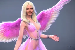 beautiful fairy very etheric, nice smiling, long blond hair, magic glamour pink make up, delicate colors, complete vision of very transparent and big wings, beautiful glamour transparent dress, ultra sharp focus, 8k, unreal engine 5, extremely sharp detail, light effect, soft light atmosphere, smooth, full of details, face in front, complete vision of face and hair and of the body