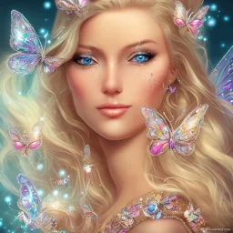 Lying down beautiful face princess blond fairy smiling with sparkle jewel bikini and butterflies in hair magic