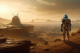 An android on a hill, terrain cracked by drought, in the background a demolished and abandoned city, behind a sandstorm, warm tones, Star Wars style, 16K