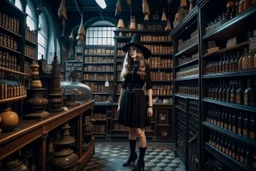 full-height shot of a young witch in a tight black short skirt, inside a large magic shop, shelving, bottles, windows