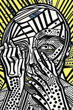 tribal man in grief with hands on face crazy shapes pencil draw style of roy lichtenstein